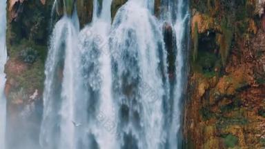 一个天然瀑布特写的无人机视频镜头。喷剂。泡沫。岩石上的绿色植被。自然因素。一只鸟飞过瀑布.高质量的4k镜头